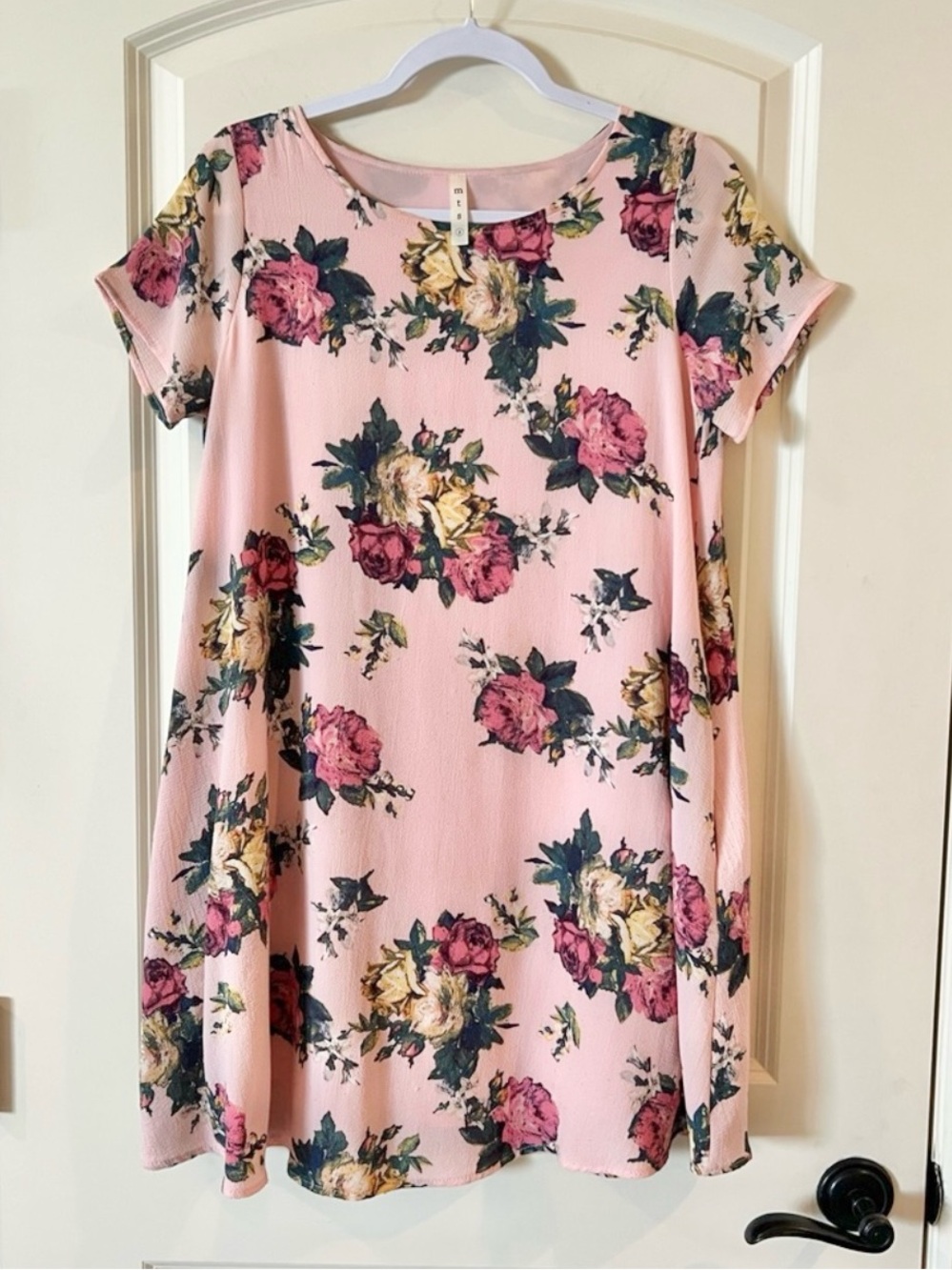 MTS Pink Floral Tunic Mini Dress - Cottagecore Romantic Rose Shift w/ Pockets